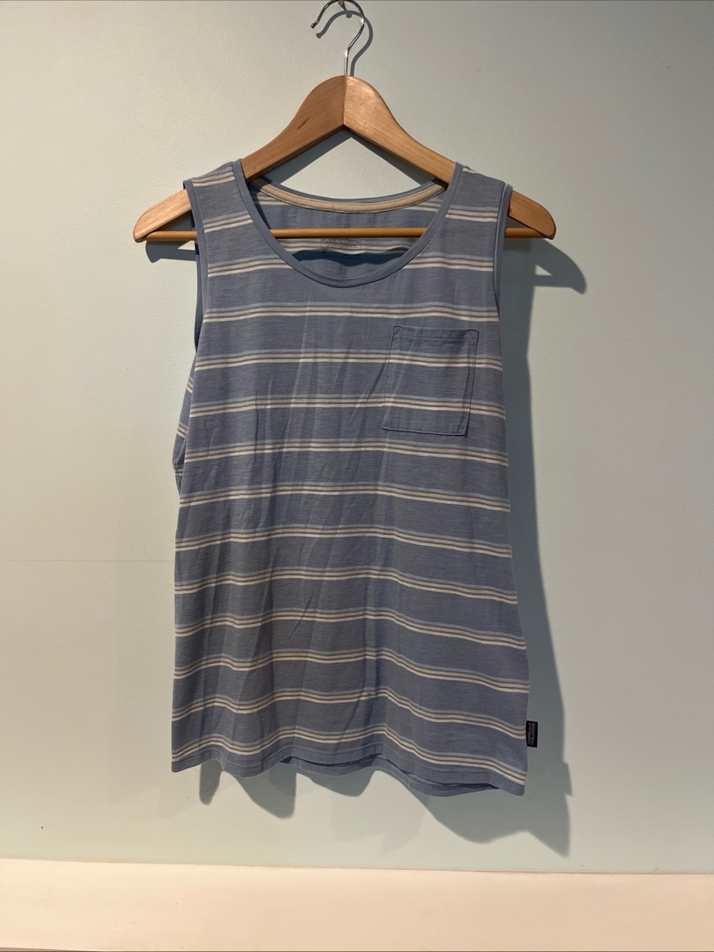 Patagonia Men Gorpcore Coastal Organic Cotton TankTop Blue Striped Pocket Size M